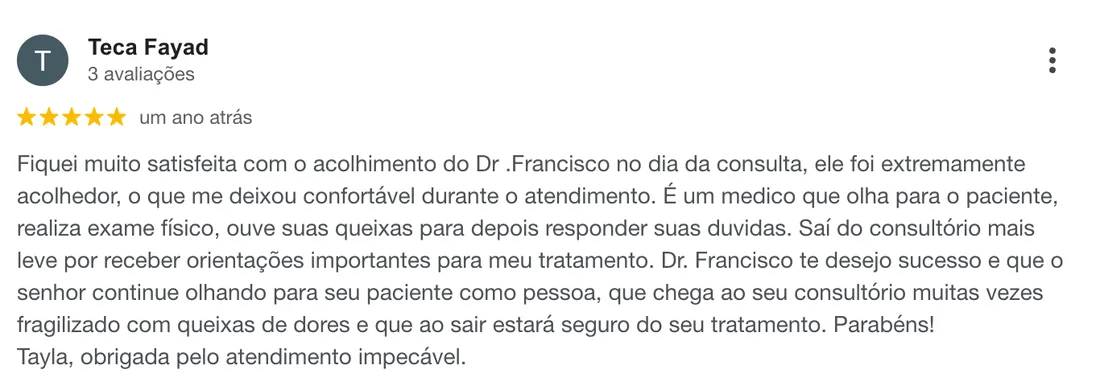 Avaliação de Teca Fayad no Google
